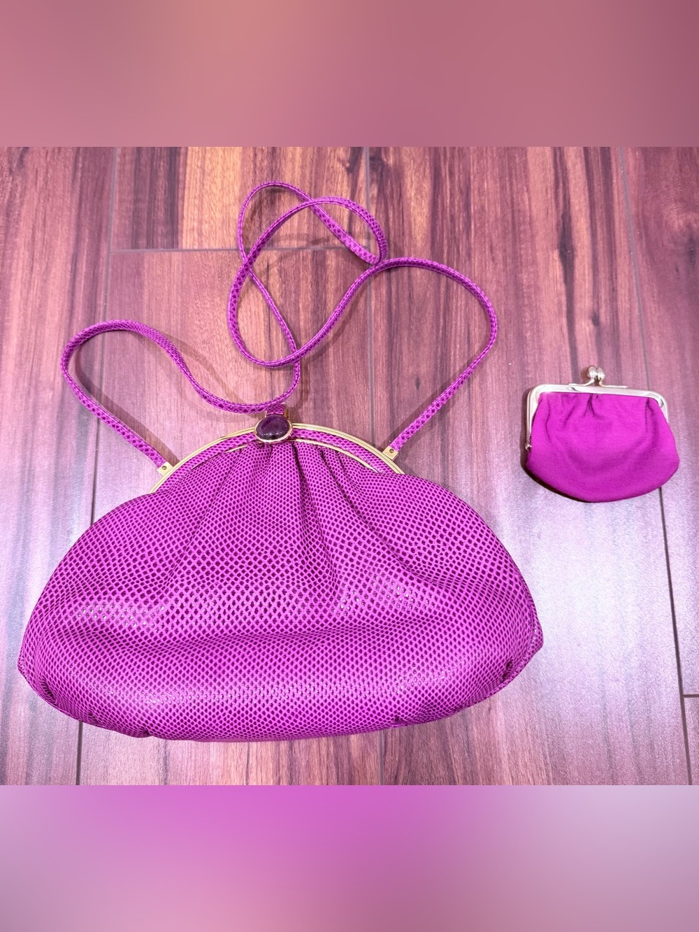 VTG Judith Leiber Magenta Lizard Bag Amethyst Cabochon Coin Purse